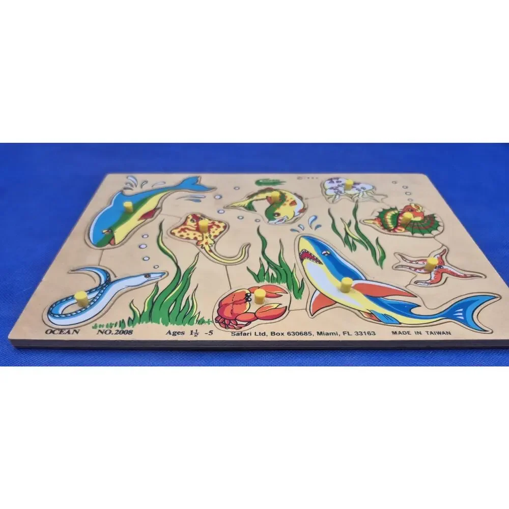 Vintage Ocean Creatures Wood Peg Puzzle Ages 1.5-5 Years Safari Ltd